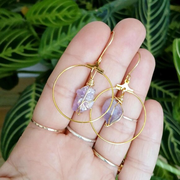 BOGO EARRINGS Raw Crystal Dangle Hoop Earrings, Assorted Gemstones - Picture 6 of 7